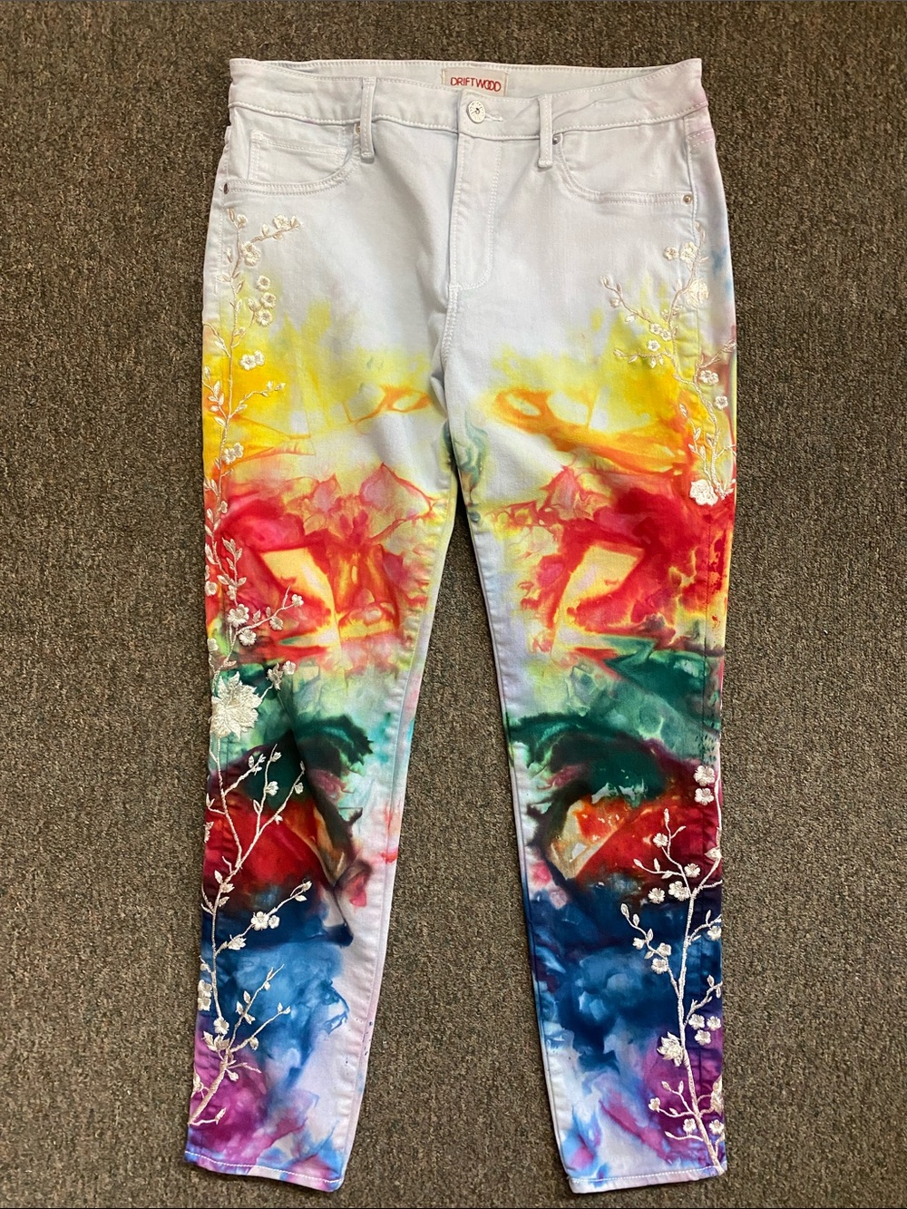 DRIFTWOOD White Skinny Jeans with Multicolor Hand-Painted Floral Art